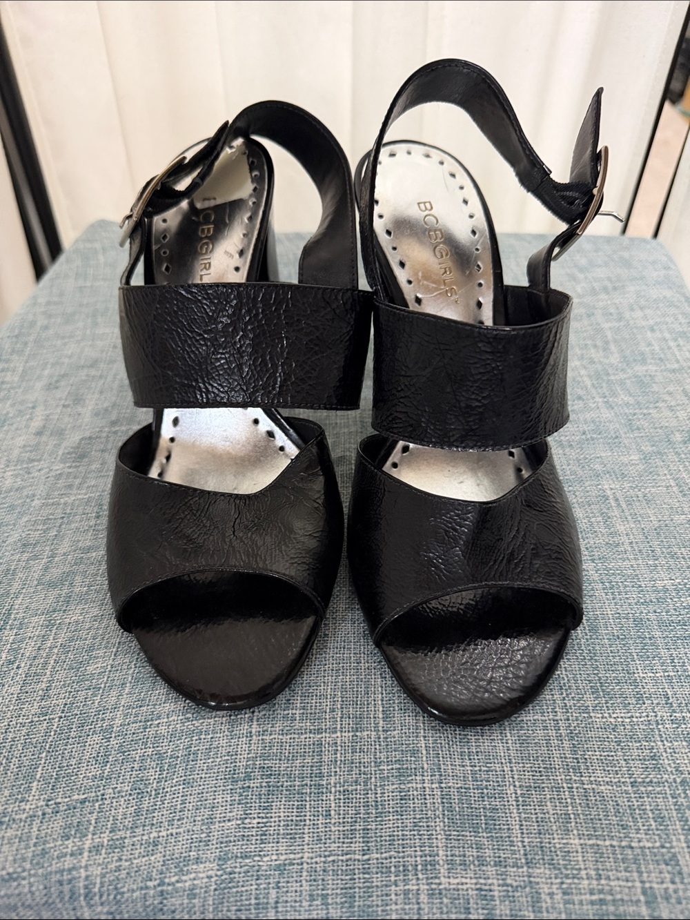 BCBGirls Black Open-Toe Wide-Strap Heels with Ankle Buckle
